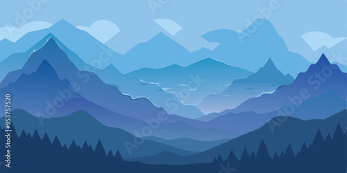  A minimalist illustration of a mountain range, with a blue gradient palette. Perfect for backgrounds, websites, or any project seeking a serene and modern look.