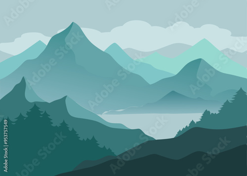  A serene landscape illustration featuring a misty mountain range with a tranquil lake in the valley. This minimalist design evokes a sense of peace and tranquility.