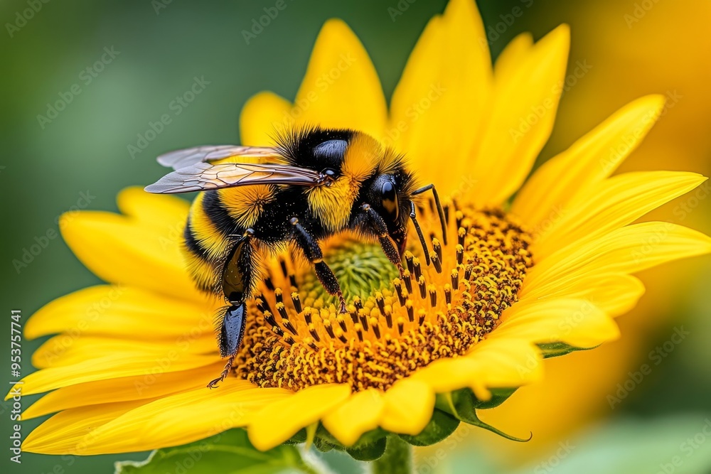 Bumblebees, buzzing around sunflowers, bright yellow blooms bring energy and movement to the garden