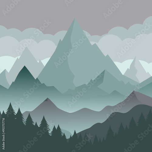  A minimalist, vector illustration of a mountain range with fog, perfect for nature lovers and anyone wanting a serene, calming backdrop for their designs.