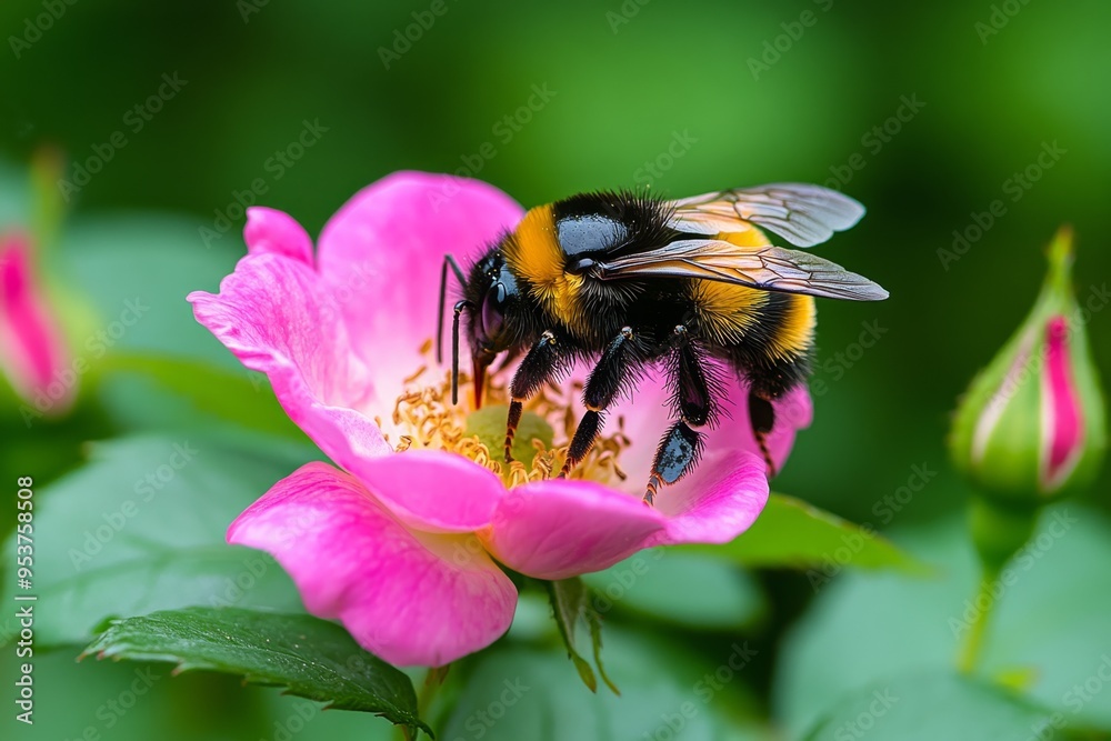 Bumblebees, on a wild rose, simple beauty add to the natural elegance of the scene Bumblebees, on a wild rose, simple beauty add to the natural elegance of the scene