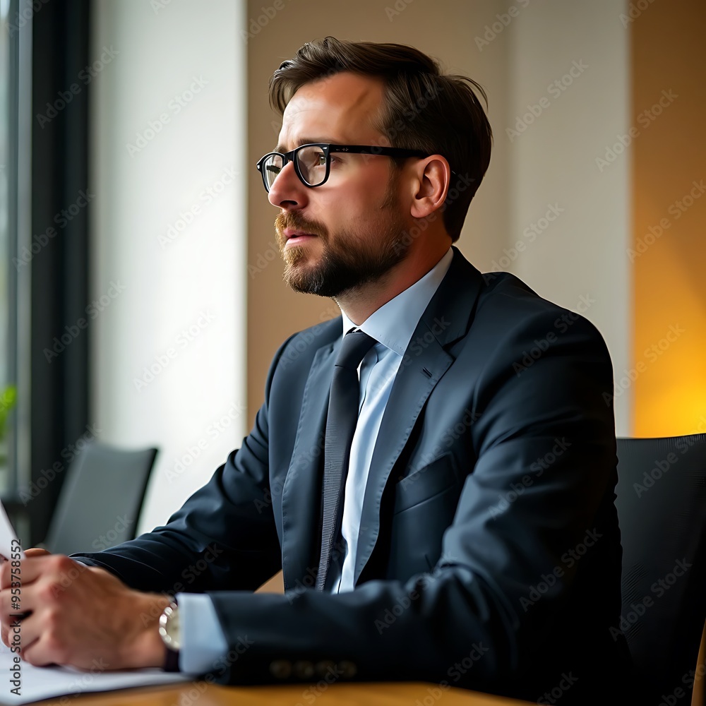 Confident Businessman in Suit Looking Away from Camera