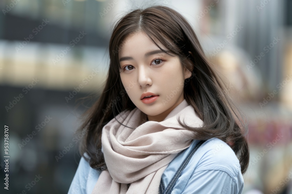 Young woman scarf. Asian woman with long black hair, wearing a light blue shirt and a beige scarf, looking directly at the camera, outdoors in the city. Young woman scarf. Asian woman with long black hair, wearing a light blue shirt and a beige scarf, looking directly at the camera, outdoors in the city.