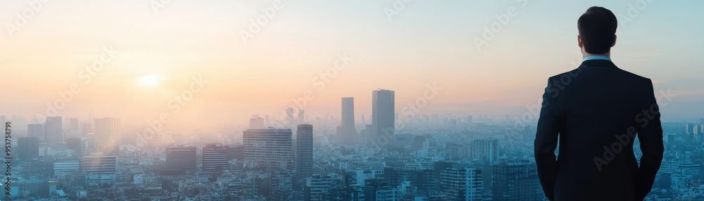 A businessman gazing over a city skyline at sunrise, reflecting ambition and the promise of a new day. A businessman gazing over a city skyline at sunrise, reflecting ambition and the promise of a new day.