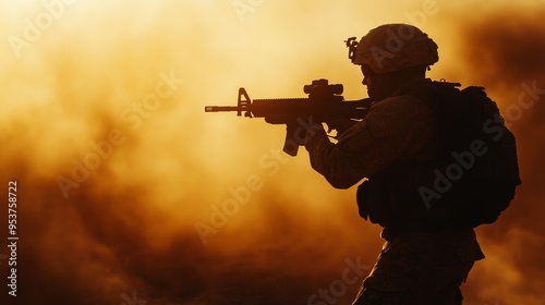 A silhouetted soldier in combat gear holding a rifle, standing against a dramatic sunset background. This image symbolizes courage, strength, determination, sacrifice, and military service.