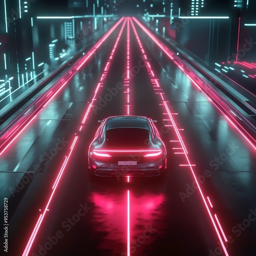 11. An AI-powered self-driving car on a futuristic highway, with glowing paths indicating its route, symbolizing autonomous transportation photo