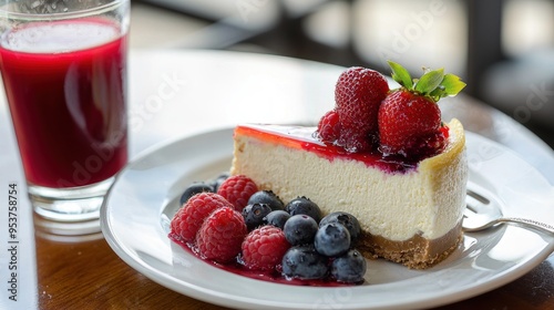  New York cheesecake, creamy and rich, berry topping. with strawberries, blueberries and raspberries on top of a white plate. A glass of red juice is next to the plate