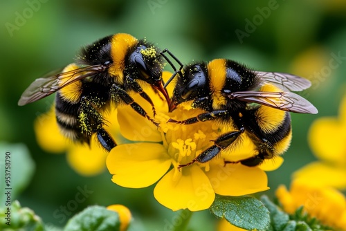 Bumblebees, with pollen-covered faces, focused workers show their dedication to the task at hand photo