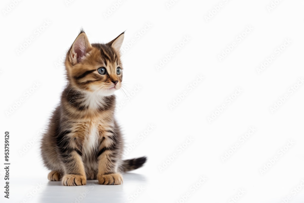 there is a small kitten sitting on a white surface looking up there is a small kitten sitting on a white surface looking up