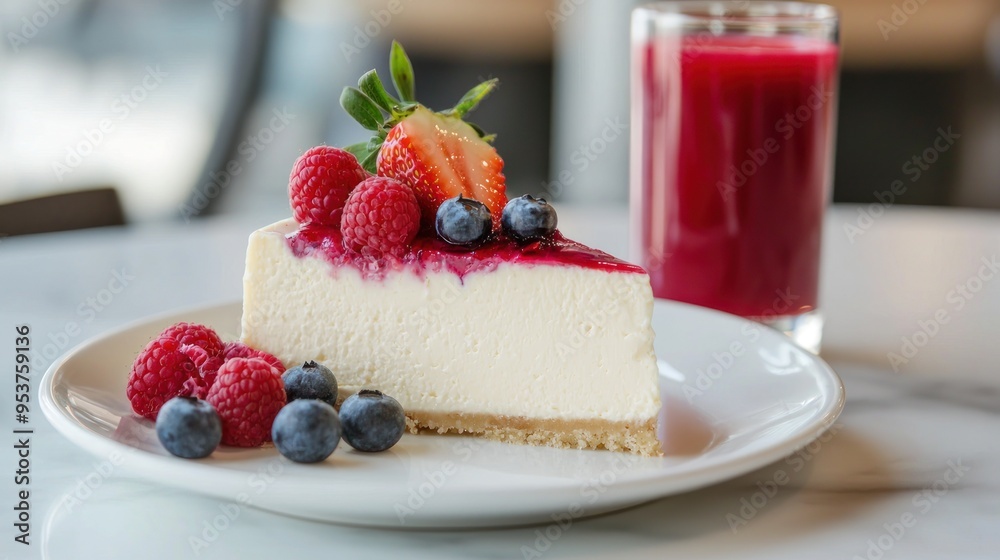 New York cheesecake, creamy and rich, berry topping.
with strawberries, blueberries and raspberries on top of a white plate. A glass of red juice is next to the plate New York cheesecake, creamy and rich, berry topping.
with strawberries, blueberries and raspberries on top of a white plate. A glass of red juice is next to the plate