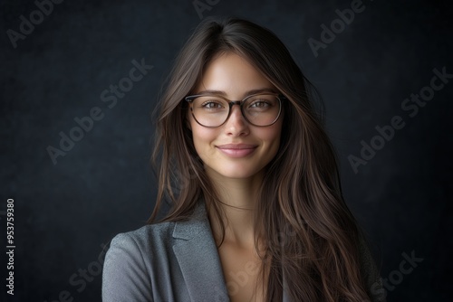 This is a professional business portrait featuring a confident young woman who is wearing stylish glasses. She exudes authenticity and charisma, radiating confidence, elegance, and empowerment