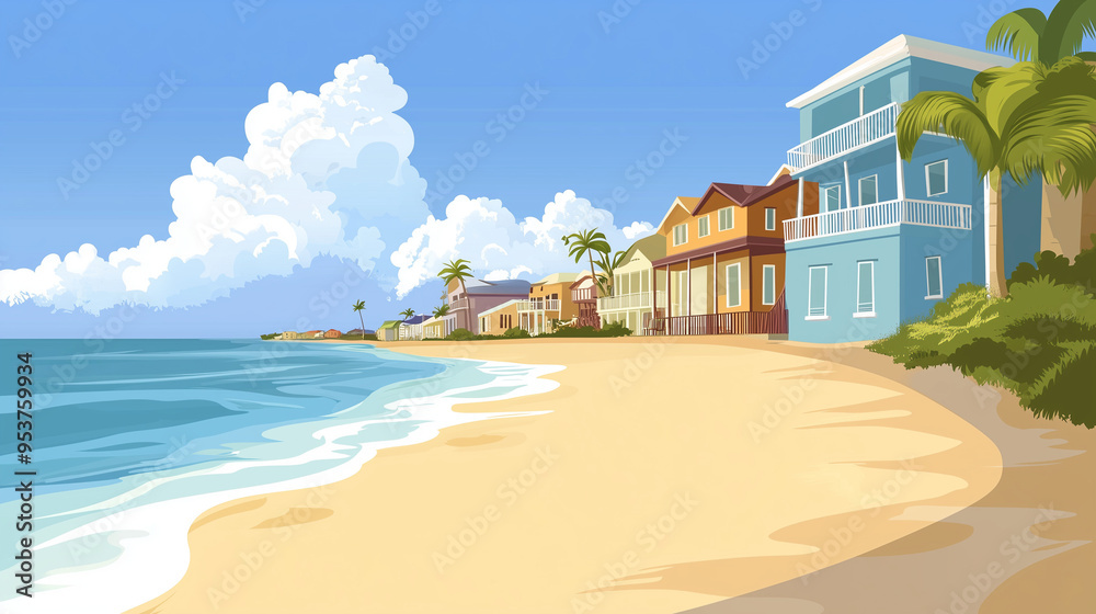 Fototapeta premium Coastal houses along sandy tropical beach 