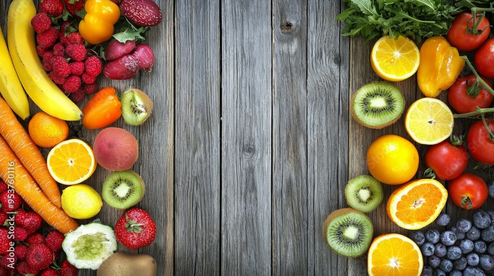 Fresh Fruits and Vegetables on Wooden Background