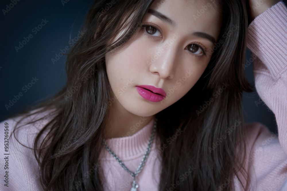 Young woman pink sweater. Portrait of a young woman with long black hair, wearing a pink sweater and pink lipstick. Young woman pink sweater. Portrait of a young woman with long black hair, wearing a pink sweater and pink lipstick.
