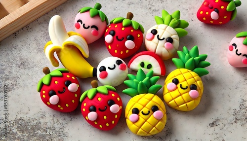 Kawaii Fruit Figurines with Cute Faces - Pineapple, Strawberry, Banana, Watermelon, and Peach 