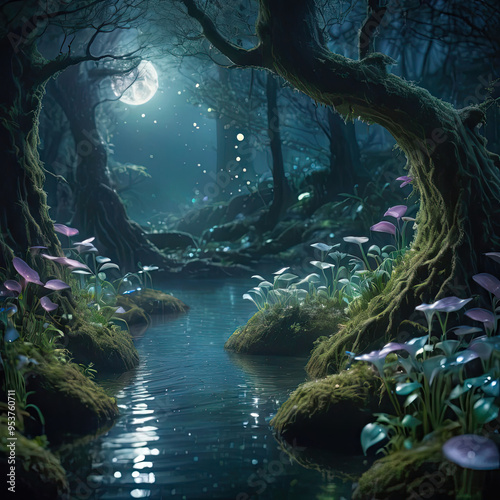 night in the forest with water with Generative ai