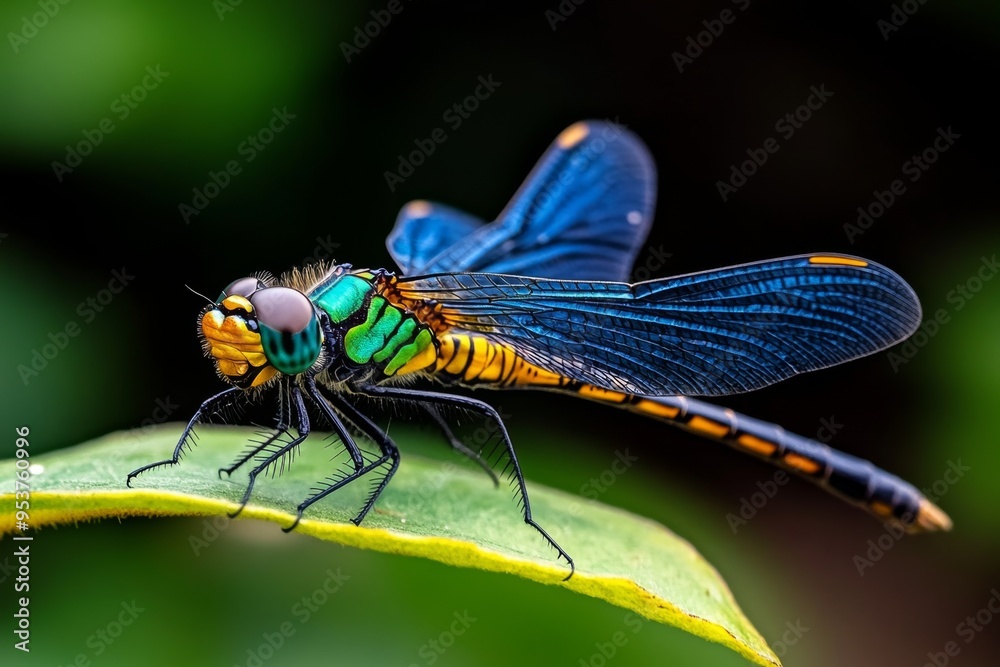 Dragonflies, resting on a leaf, delicate balance illustrate the calm before their next burst of speed Dragonflies, resting on a leaf, delicate balance illustrate the calm before their next burst of speed