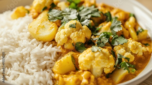 close up of rice paired with aloo gobi a traditional Indian curry featuring potatoes and cauliflower photo