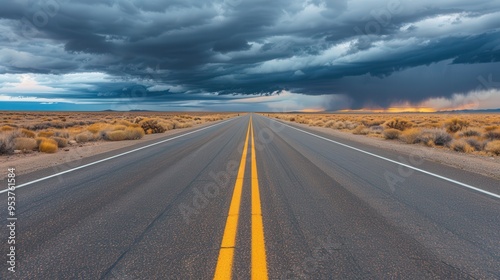 Endless Desert Highway, a vast road disappearing into the horizon, framed by dramatic clouds, evoking a profound sense of adventure and freedom on an open journey.