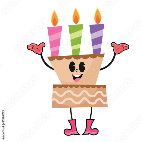 Vector illustration of birthday cake cartoon character with smiling face. birthday cake with 2 candles on top, slender arms and legs with pink gloves and pink boots.