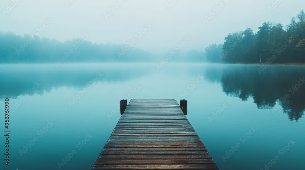 A high-quality AI-generated stock image of a serene lake with a dock and calm waters on the right side, leaving ample space on the left for text. Ideal for relaxation, travel, or nature content.
