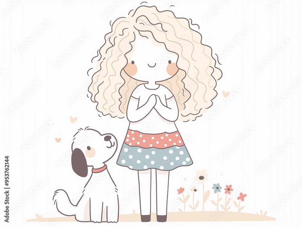 A Girl's with her best Friend: Sweet illustration of a girl sharing a tender moment with her cute dog, surrounded by blooming flowers. Warmth, love, and companionship A Girl's with her best Friend: Sweet illustration of a girl sharing a tender moment with her cute dog, surrounded by blooming flowers. Warmth, love, and companionship