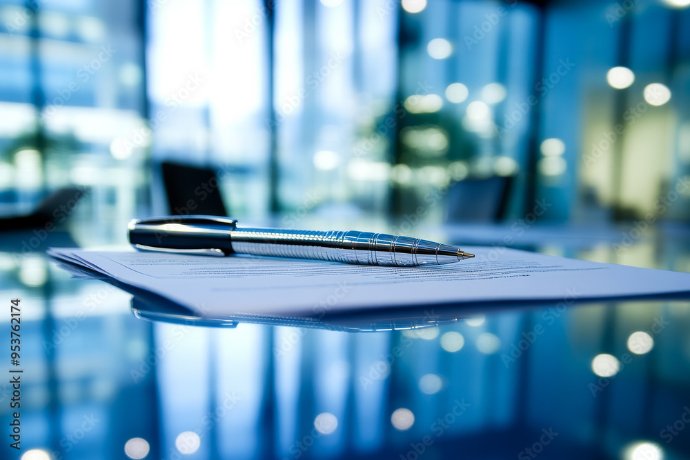 Silver pen is lying on important papers in a modern office building, suggesting an upcoming signature Silver pen is lying on important papers in a modern office building, suggesting an upcoming signature