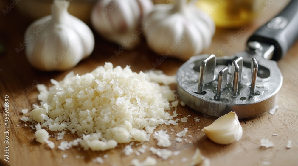 Garlic Crushed with a Press on a Wooden Cutting Board Garlic Crushed with a Press on a Wooden Cutting Board