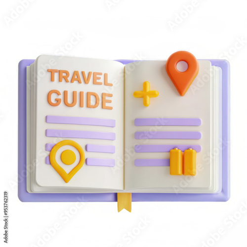 An open travel guide book with vibrant orange and purple icons featuring locations and symbols great for travel planning and inspiration visually appealing photo