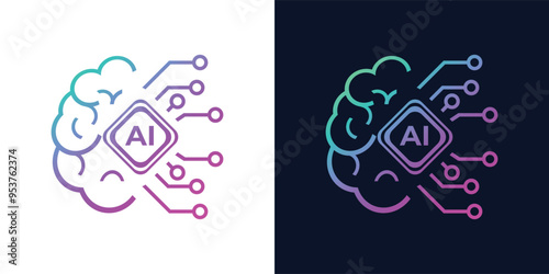 Artificial Intelligence AI Brain with Integrated Chip. Artificial Intelligence icon featuring machine learning, generative AI, intelligent algorithms, virtual cognition, and future technology concepts