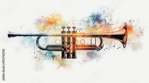 Artistic representation of a trumpet with vibrant watercolor splashes, capturing the essence of music and creativity. photo