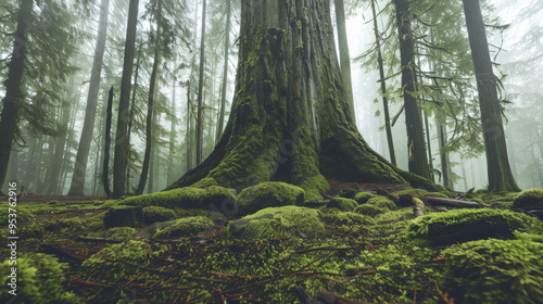 A serene ancient forest filled with moss-covered trees and rocky underbrush under an overcast sky