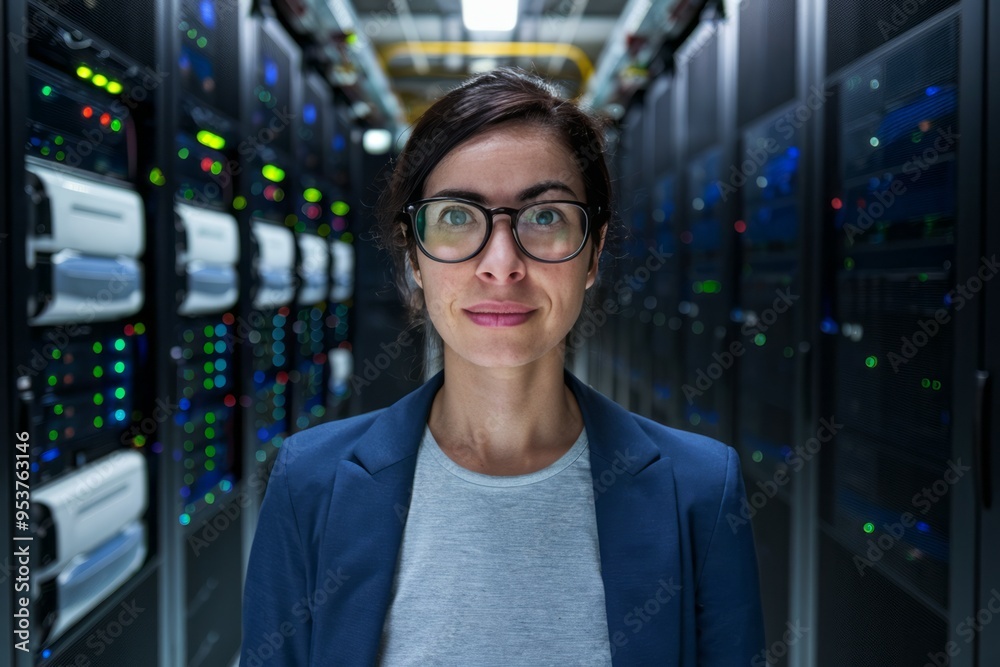 Fototapeta premium Data center expert. Woman in glasses standing confidently in front of server racks. She embodies expertise and knowledge in the IT field.