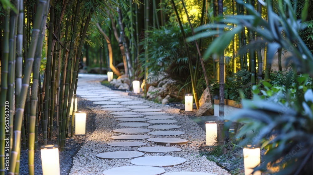 Obraz premium A serene garden path lined with bamboo and illuminated by soft lanterns winds through a lush, tranquil landscape