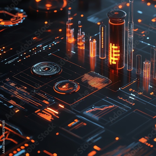 Strategic planning analysis, futuristic data displays and charts, 3D illustration