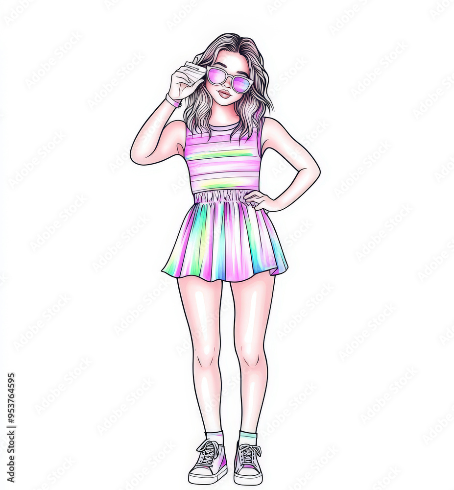 Fashion Illustration of Young Woman in Striped Top and Tie Dye Skirt Fashion Illustration of Young Woman in Striped Top and Tie Dye Skirt