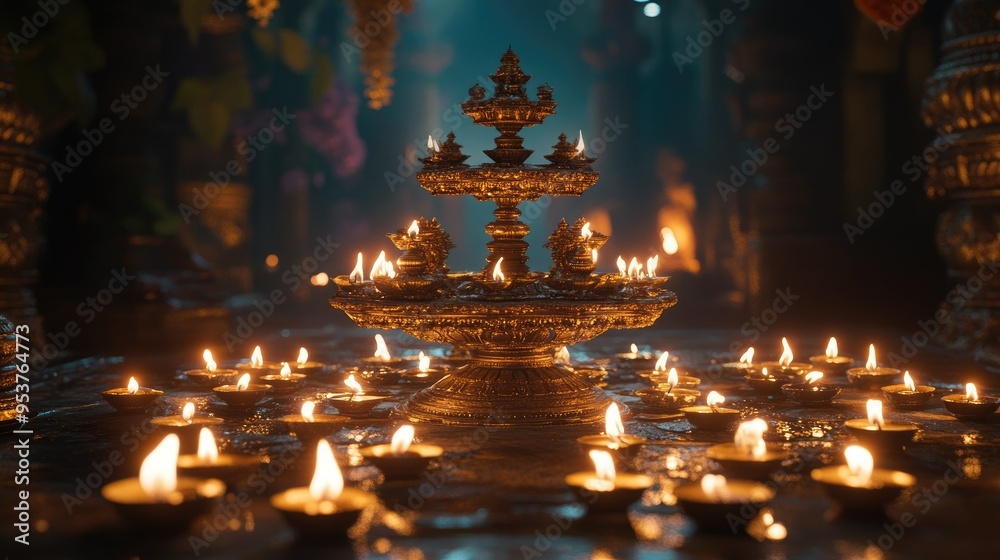 A beautifully decorated Indian diya stand with multiple lamps, placed in a temple for evening prayers. A beautifully decorated Indian diya stand with multiple lamps, placed in a temple for evening prayers.