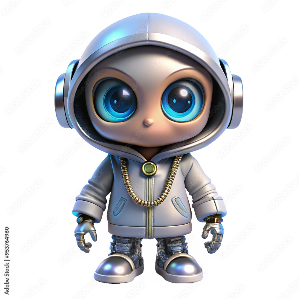DJ Robot cute ,hood shirt ,neckle , big eyes ,cyber suit ,chibi ,realistic 3d ,white background DJ Robot cute ,hood shirt ,neckle , big eyes ,cyber suit ,chibi ,realistic 3d ,white background