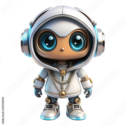 DJ Robot cute ,hood shirt ,neckle , big eyes ,cyber suit ,chibi ,realistic 3d ,white background