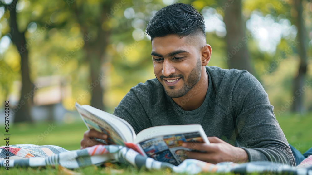 Fototapeta premium young indian college student reading book at garden