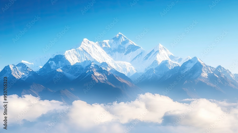 Fototapeta premium A breathtaking view of the snow-capped peaks of the Himalayas under a clear blue sky, with rolling clouds below.