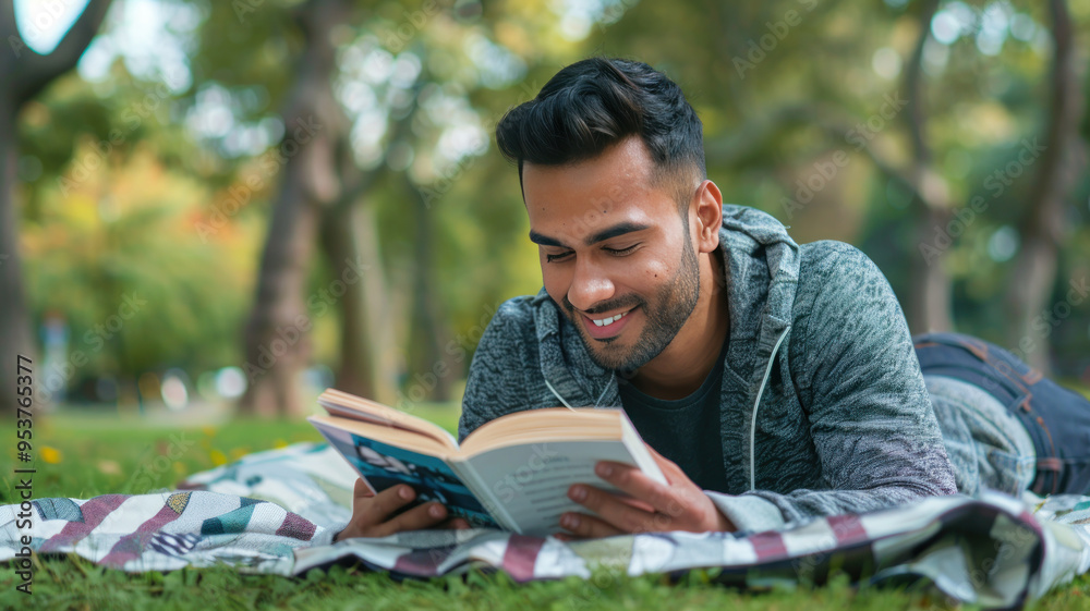 young indian college student reading book at garden young indian college student reading book at garden