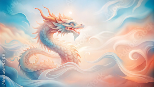 Ethereal dragon in pastel colors floating among clouds 