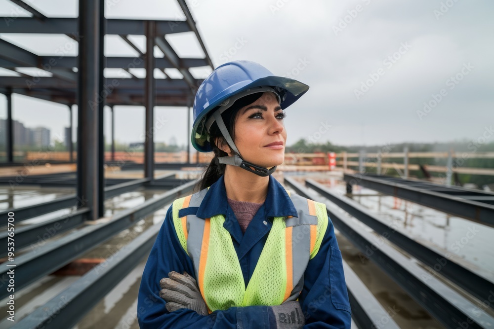 Female construction worker. Woman in hardhat and safety vest looking at building project. Represents hard work, dedication, and progress in construction. Female construction worker. Woman in hardhat and safety vest looking at building project. Represents hard work, dedication, and progress in construction.