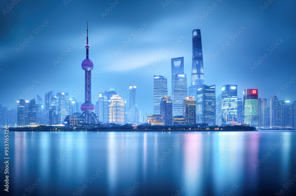Fototapeta premium Shanghai Skyline at Night with Oriental Pearl Tower and Reflections