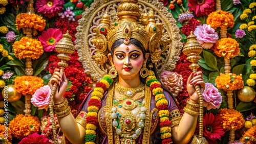 A Devout Hindu Worships A Golden Idol Of The Goddess Durga Mata, Adorned With Intricate Jewelry And Surrounded By Vibrant Flowers.