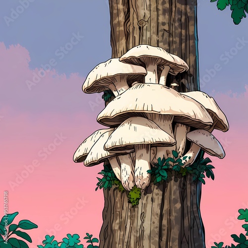illustration of oyster mushrooms growing on a tree