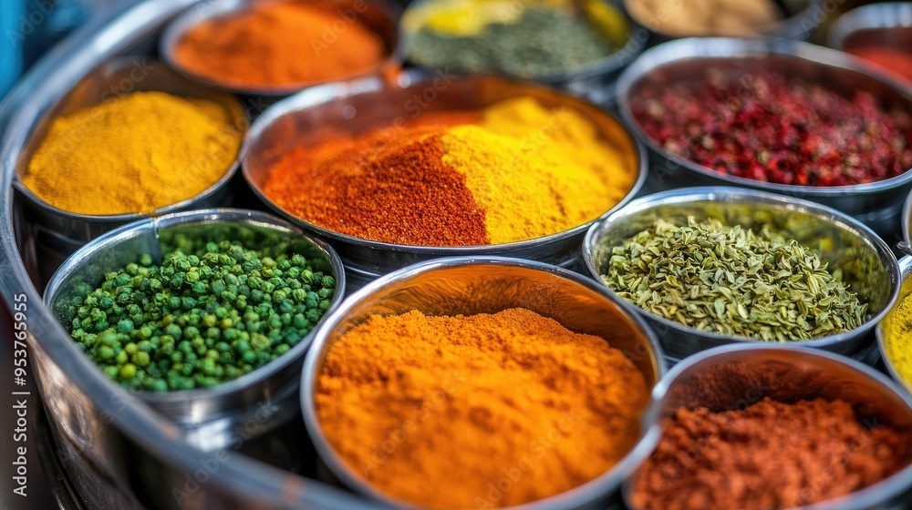 A close-up of a traditional Indian spice box (masala dabba) with compartments filled with vibrant spices. A close-up of a traditional Indian spice box (masala dabba) with compartments filled with vibrant spices.