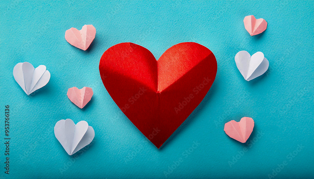 Big red heart surrounded by small pink and white paper hearts over blue background. Generative AI Big red heart surrounded by small pink and white paper hearts over blue background. Generative AI