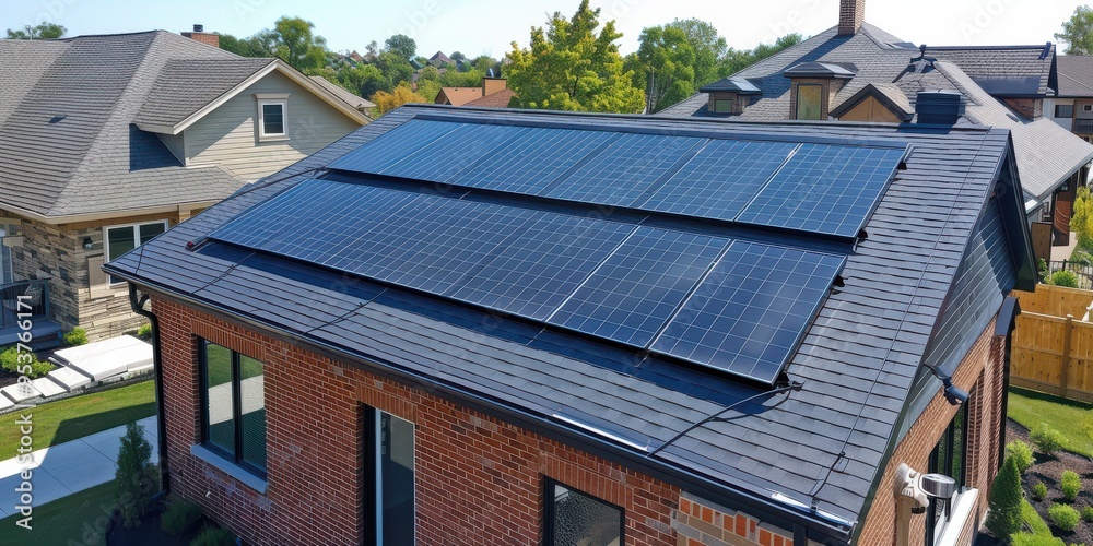 Solar panels installed on a red-tiled roof, harnessing renewable energy under a clear blue sky.